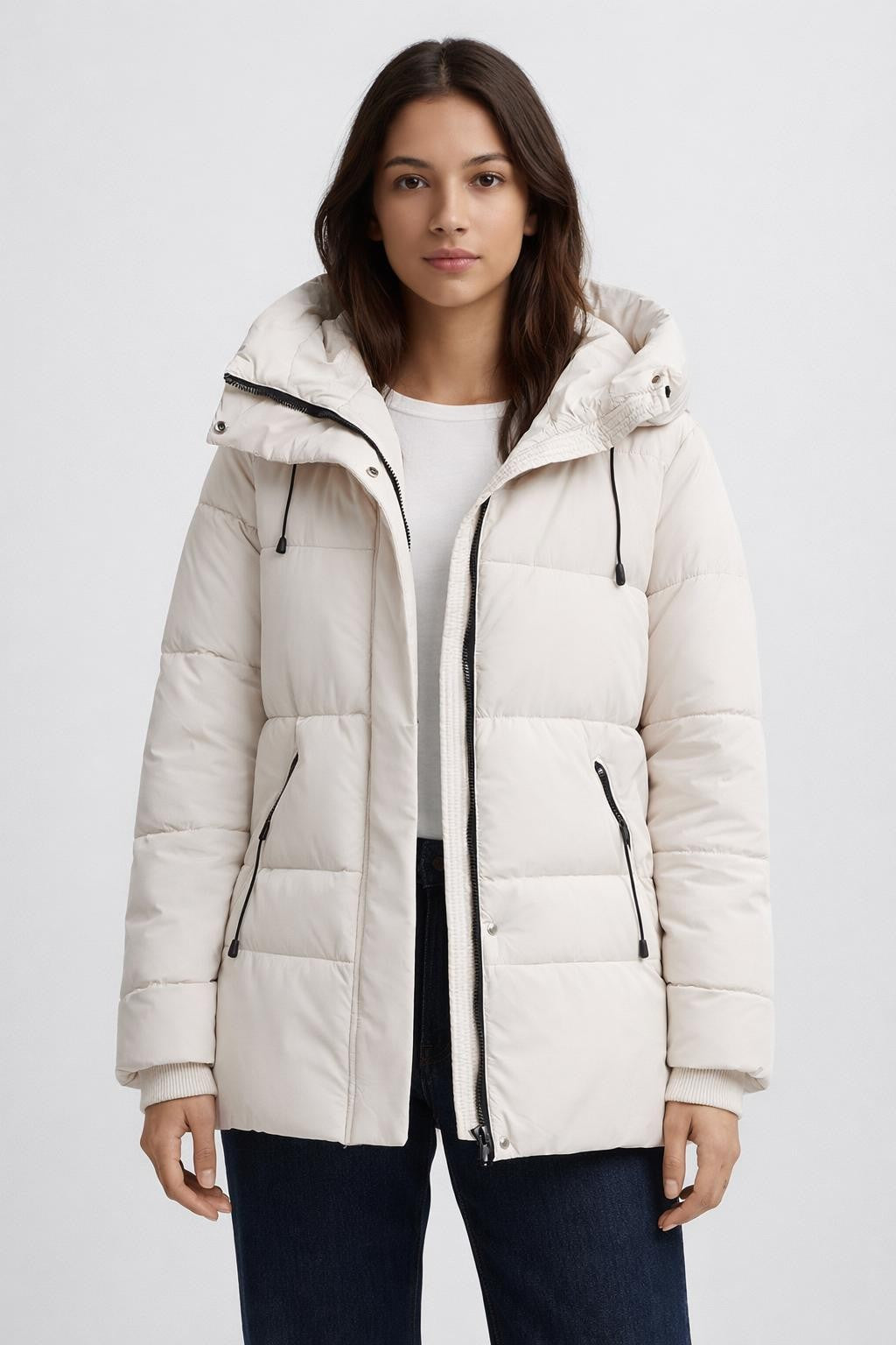 Quilted Waist-Adjustable Winter Jacket - Off White