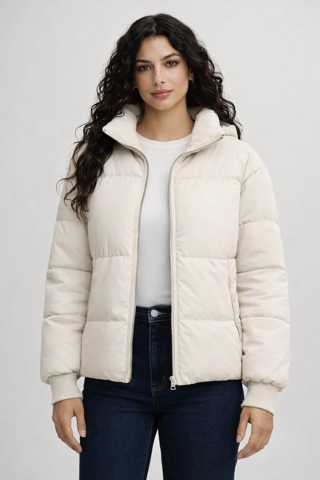 Padded Winter Jacket with Stand Collar - Off White