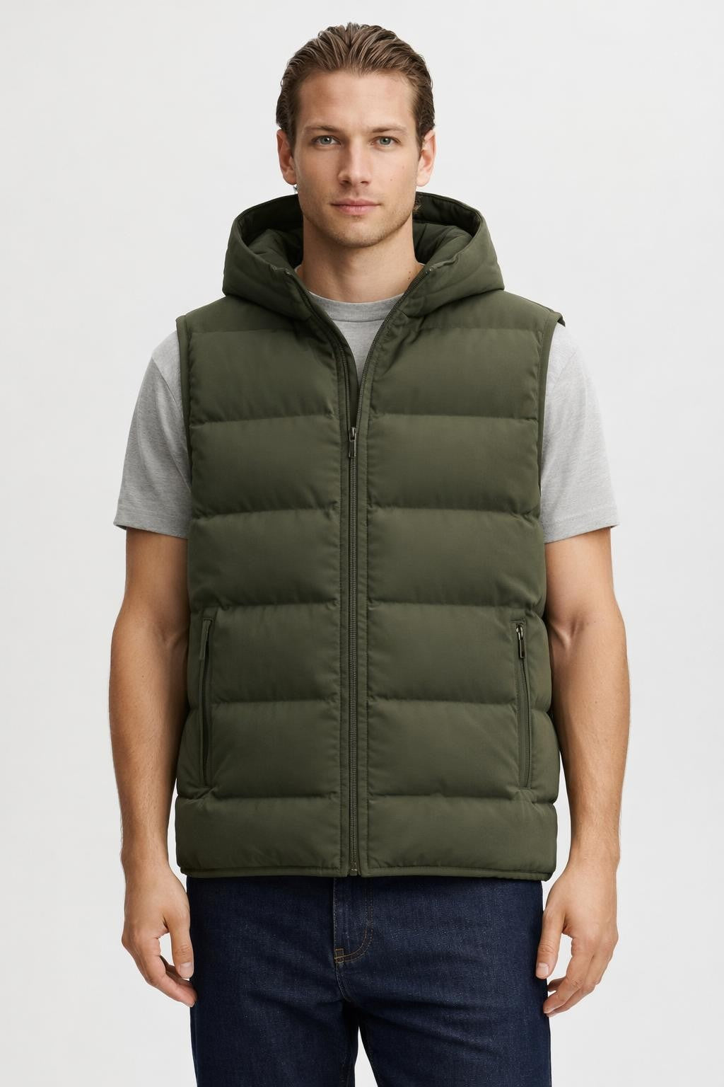Men's Sleeveless Stand Collar Vest - Olive Green