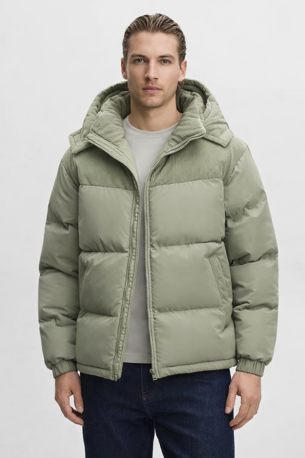 Colorblock Puffer Jacket with Removable Hood - Olive Green