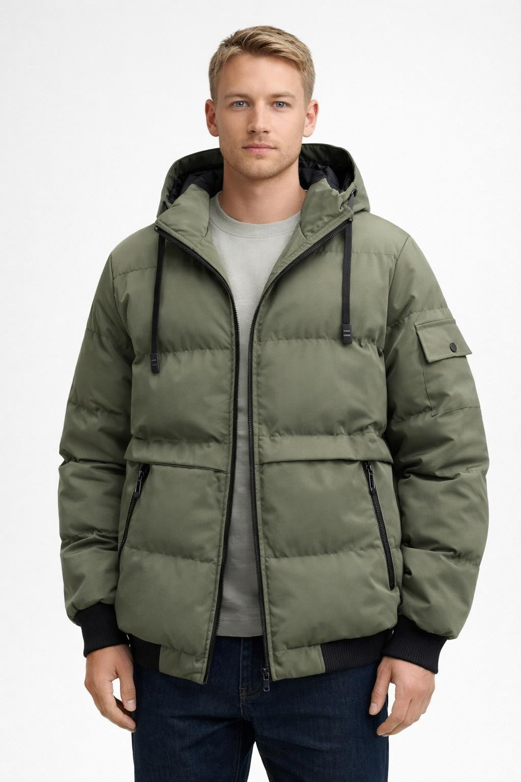 Sleeveless Casual Jacket with Detachable Hood - Olive Green