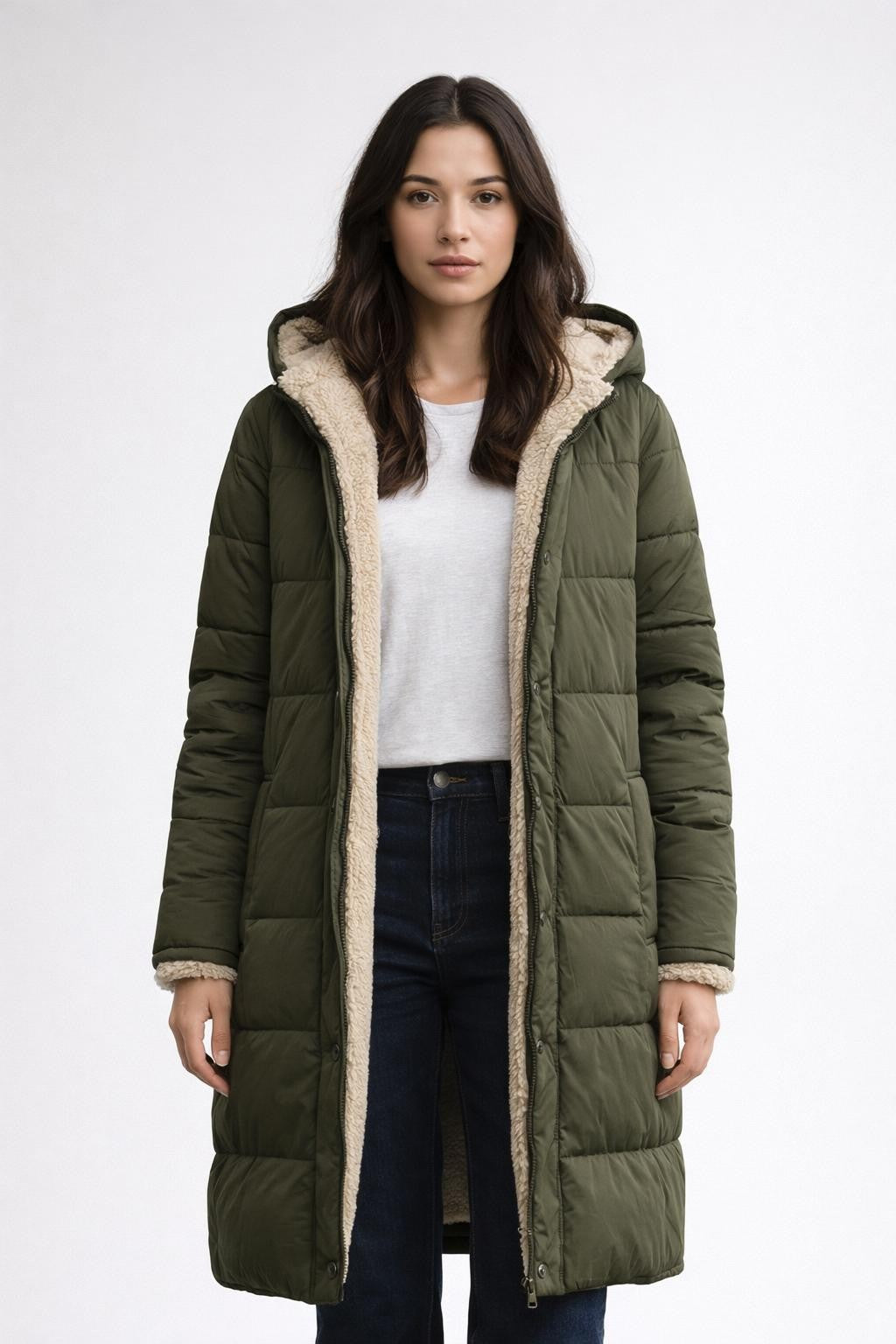 Extended Fleece Double-Sided Winter Coat - Olive Green