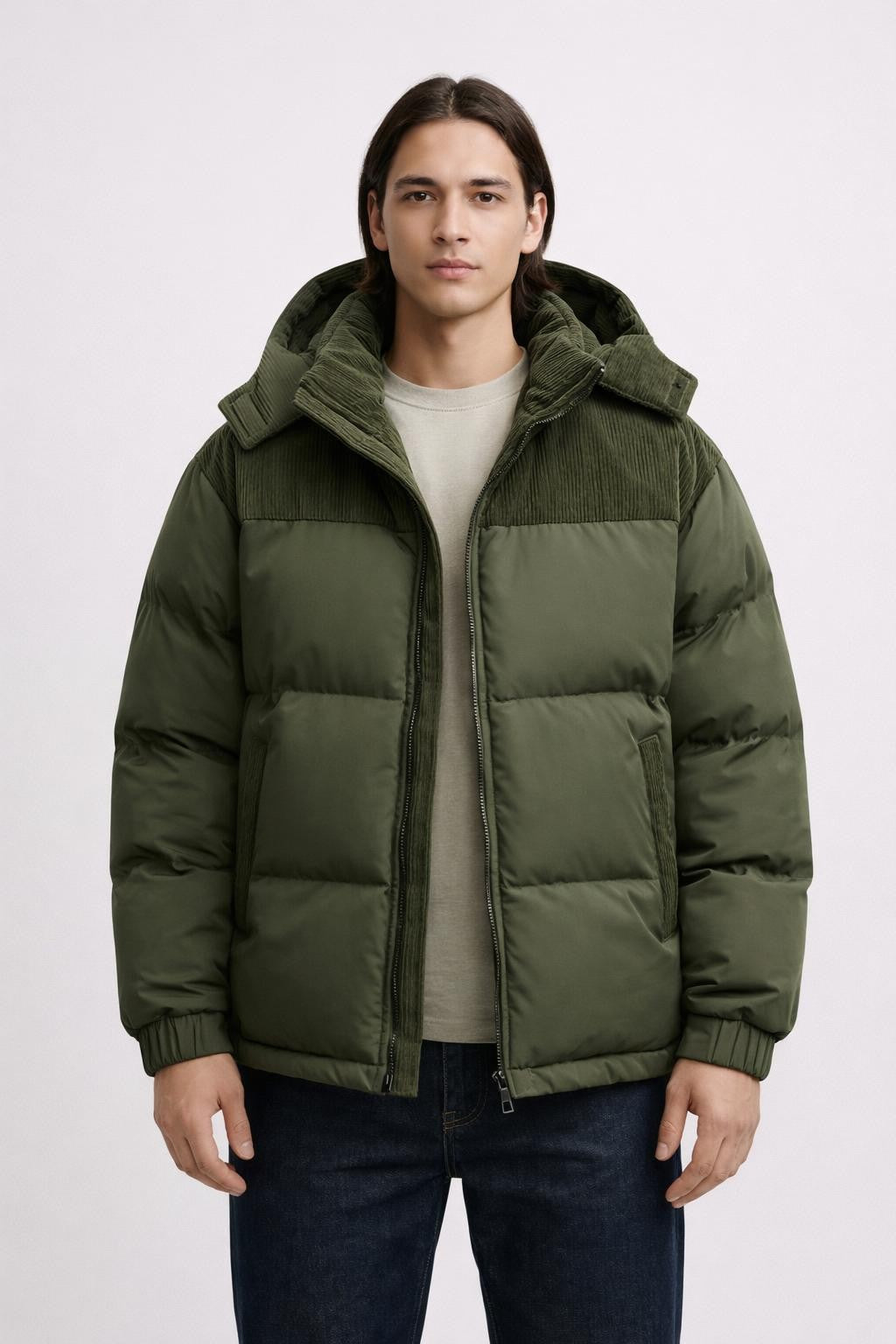 Plus Size Colorblock Winter Jacket - Olive Green