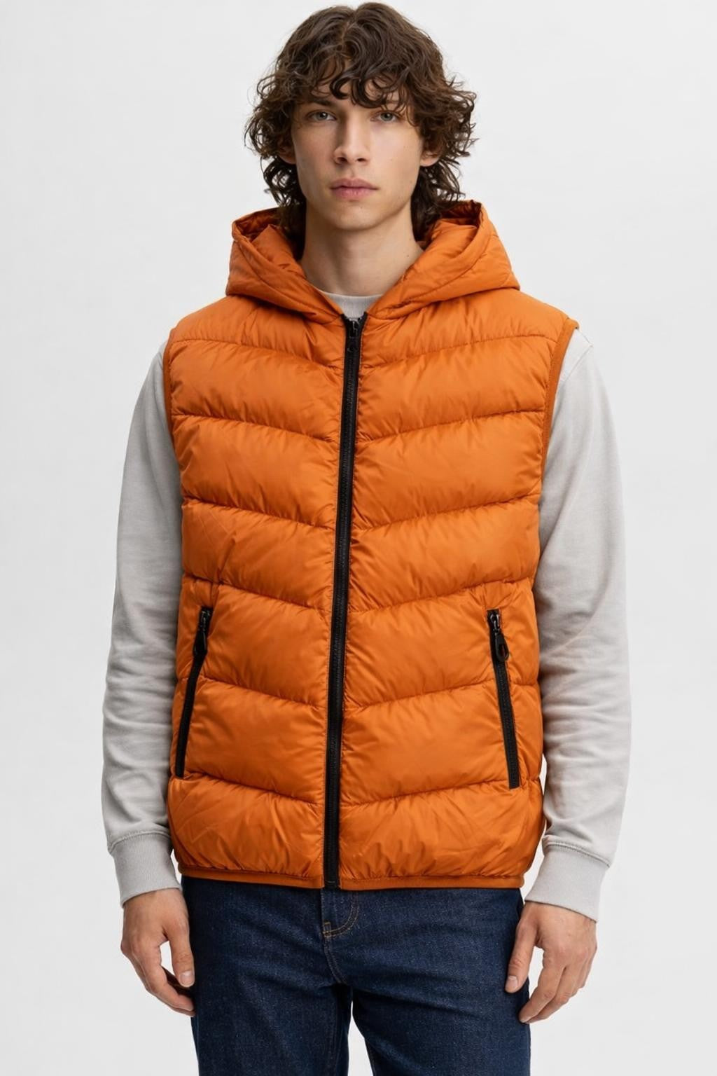 Men's Insulated Zip-Up Vest with Stand Collar - Orange