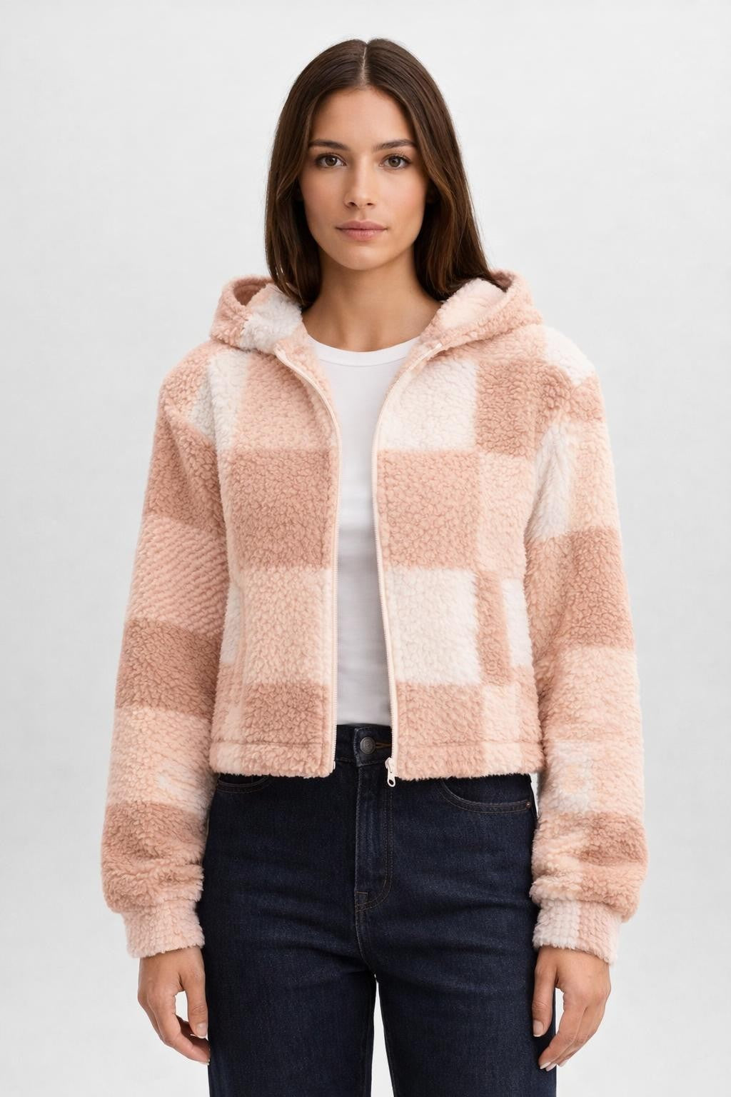 Plaid Zip-Up Strapless Jacket - Pink