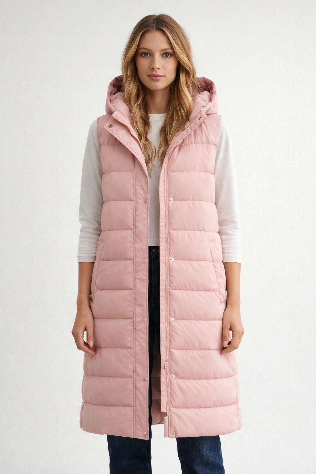 Quilted Hooded Sleeveless Vest - Pink