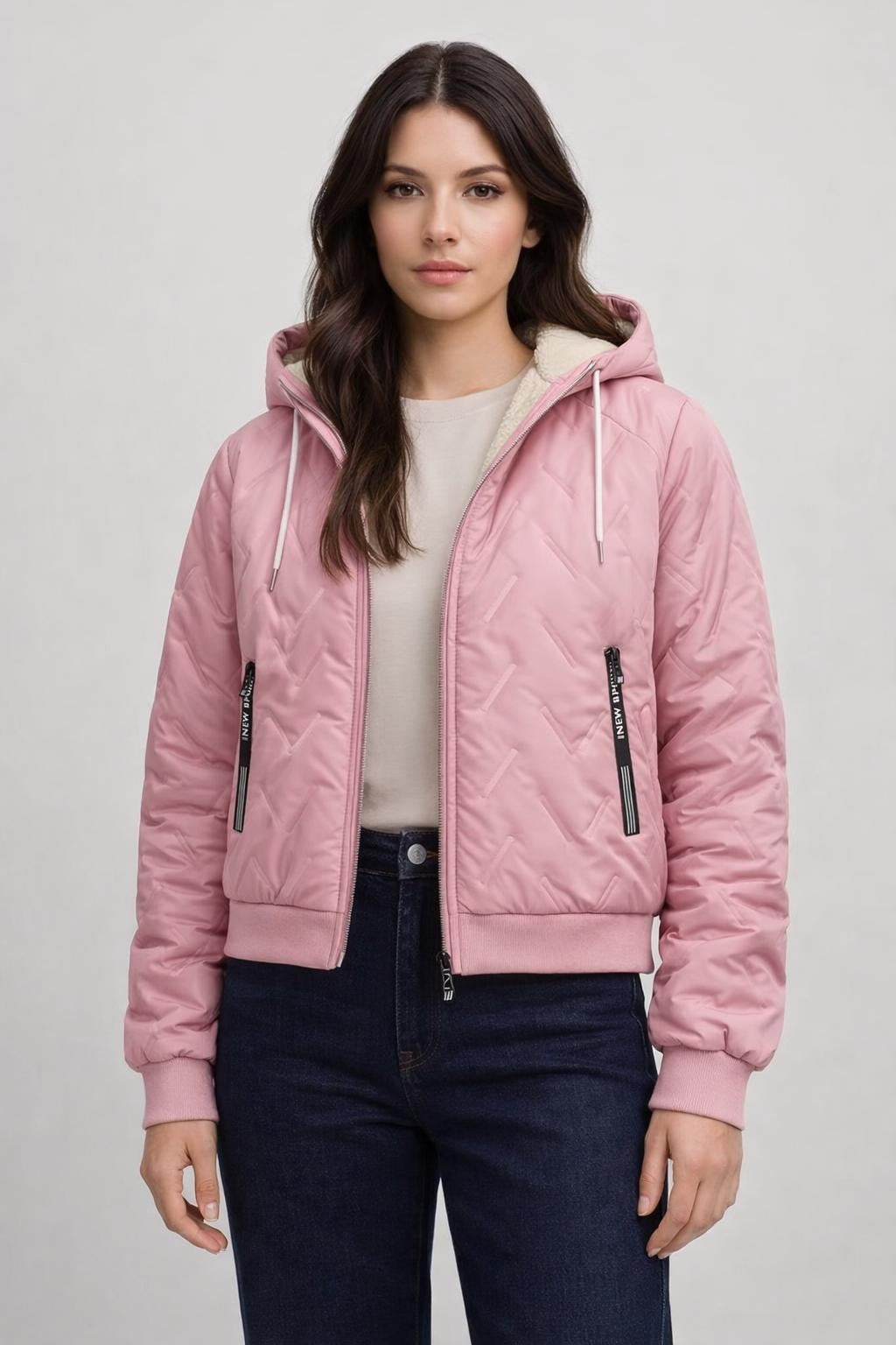 Quilted Winter Jacket with Lamb Fleece - Purple