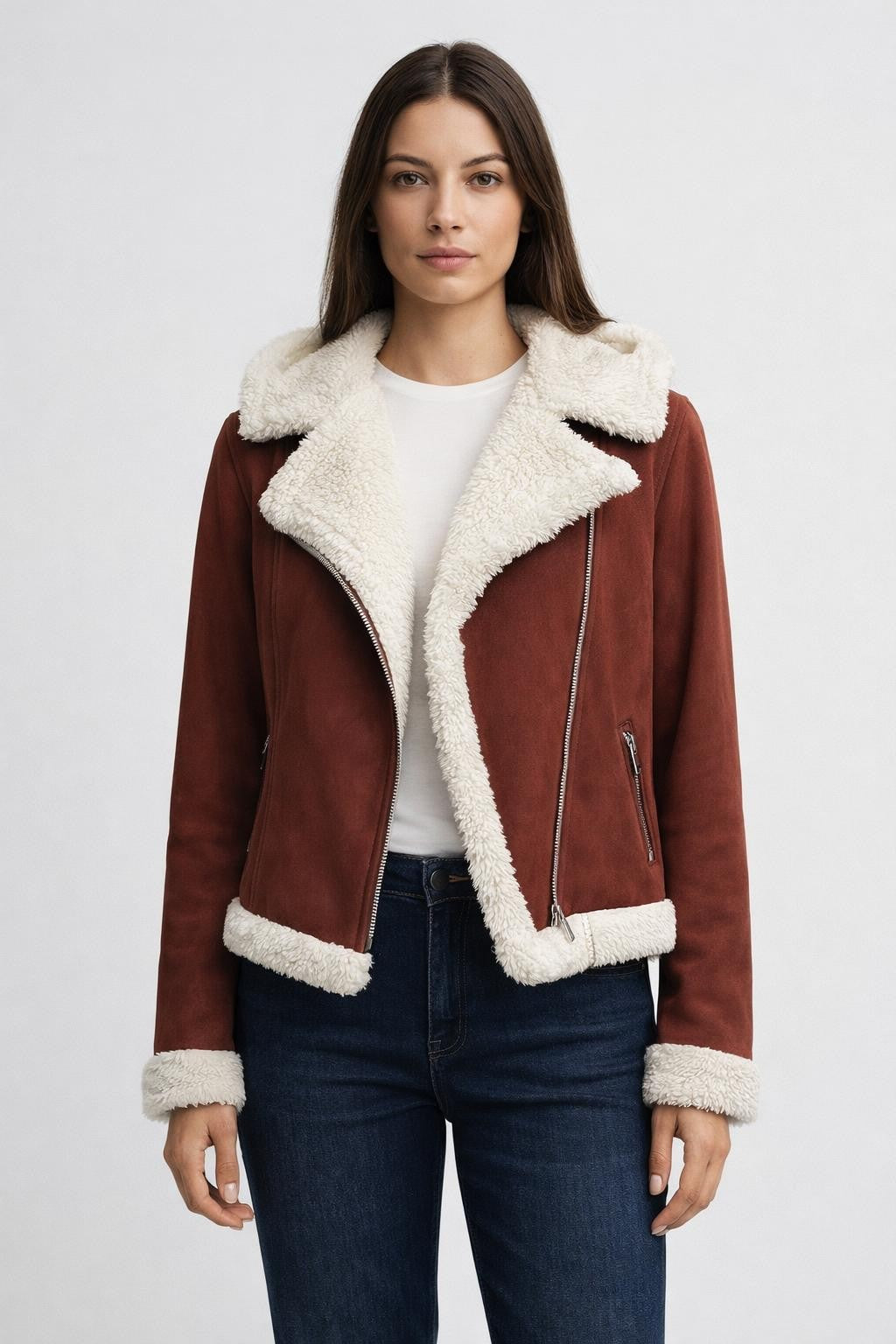 Casual Long-Sleeve Fleece-Lined Jacket - Red Brown