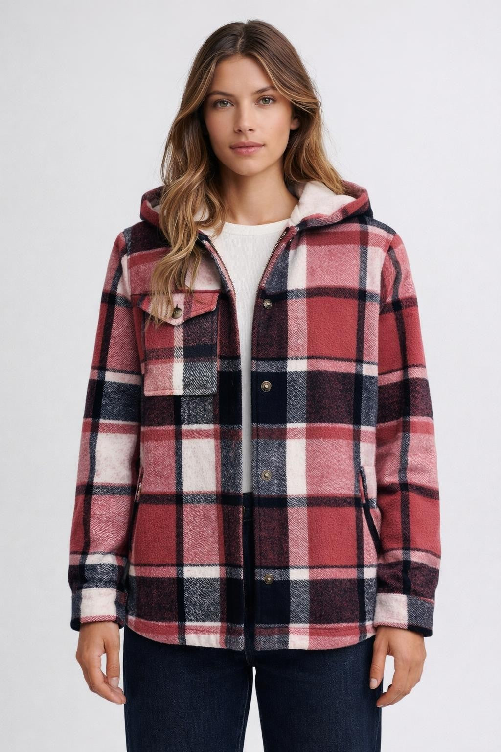 Checked Fleece-Lined Hooded Shirt Jacket - Red Check