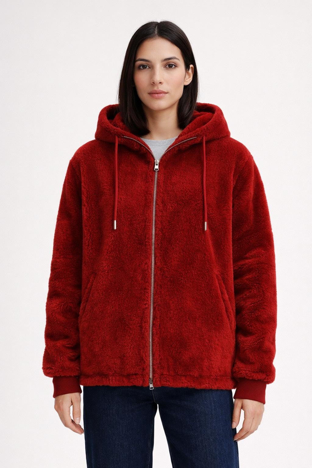 Plush Zip-Up Coat with Stand Collar - Red