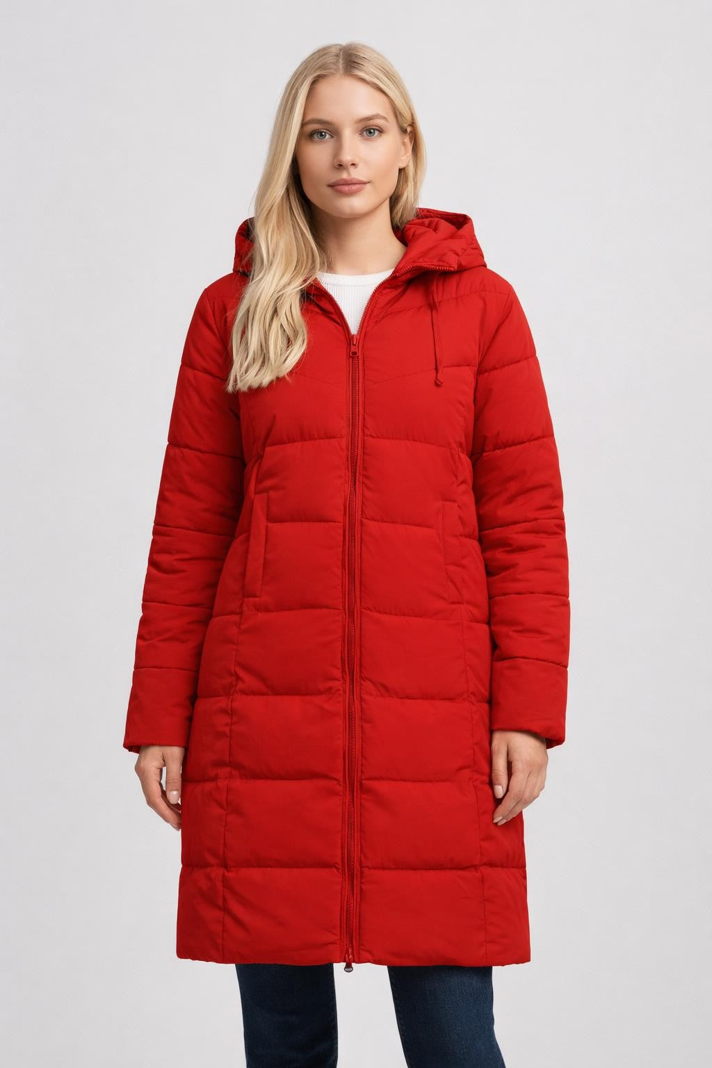 Mid-Length Puffer Jacket with Drawstring - Red