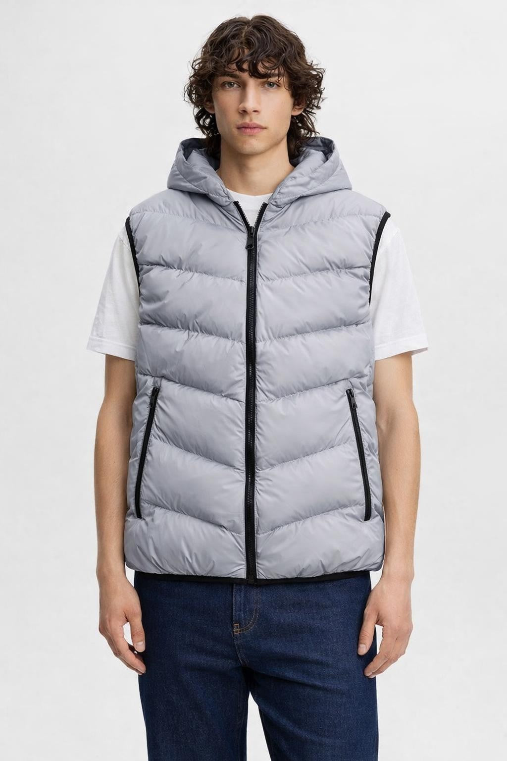 Men's Insulated Zip-Up Vest with Stand Collar - Silver Grey