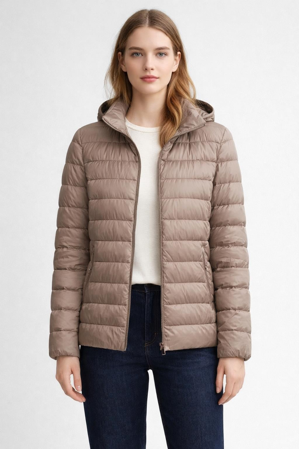 Padded White Down Winter Jacket - Taupe