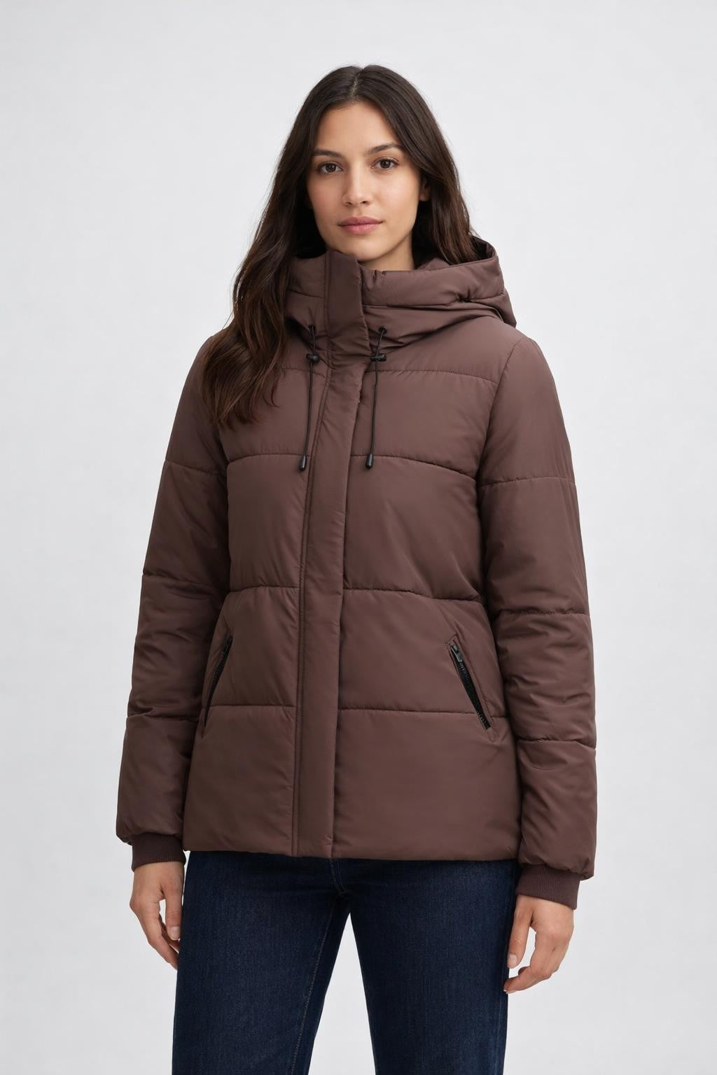 Quilted Waist-Adjustable Winter Jacket - Taupe