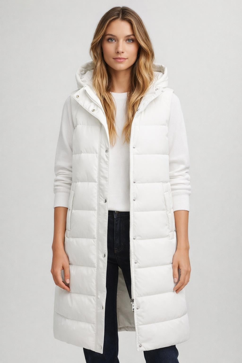 Quilted Hooded Sleeveless Vest - White