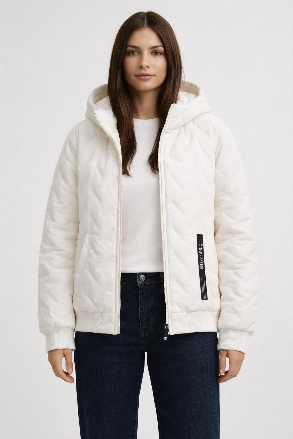 Lightweight Fleece-Lined Jacket with Stand Collar - White