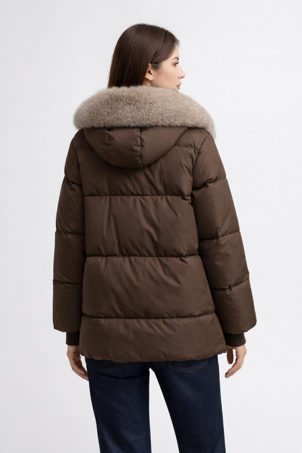 Brown Quilted Puffer Jacket with Detachable Hood - back view