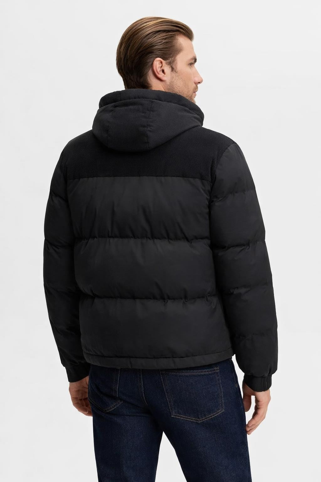 Colorblock Puffer Jacket with Removable Hood - back view