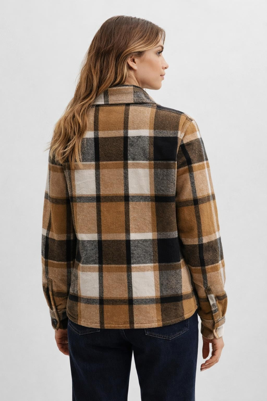 Checked Fleece-Lined Hooded Shirt Jacket - back view