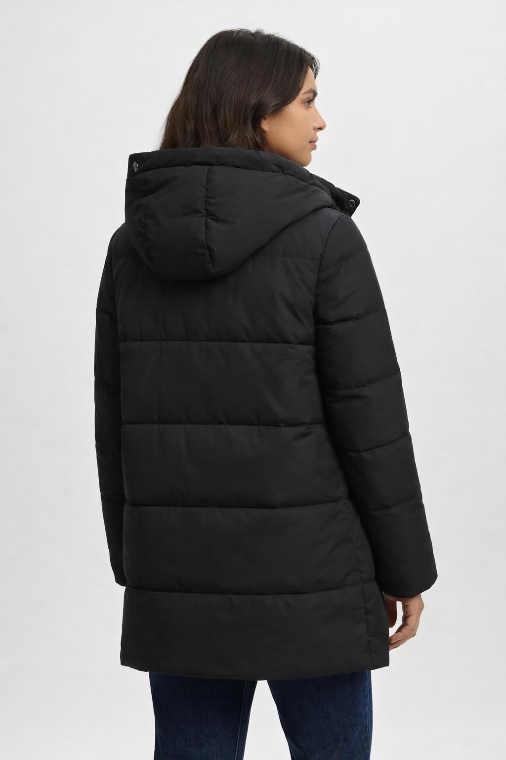Quilted Black Casual Winter Jacket - back view