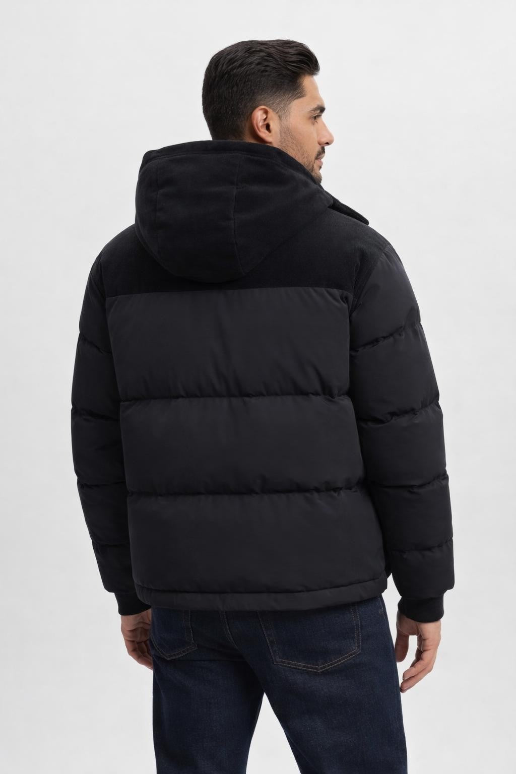 Padded Patchwork Coat with Contrast Panels - back view