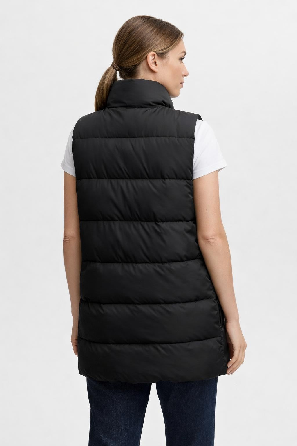 Padded Long Vest with Drawstring Waist - back view