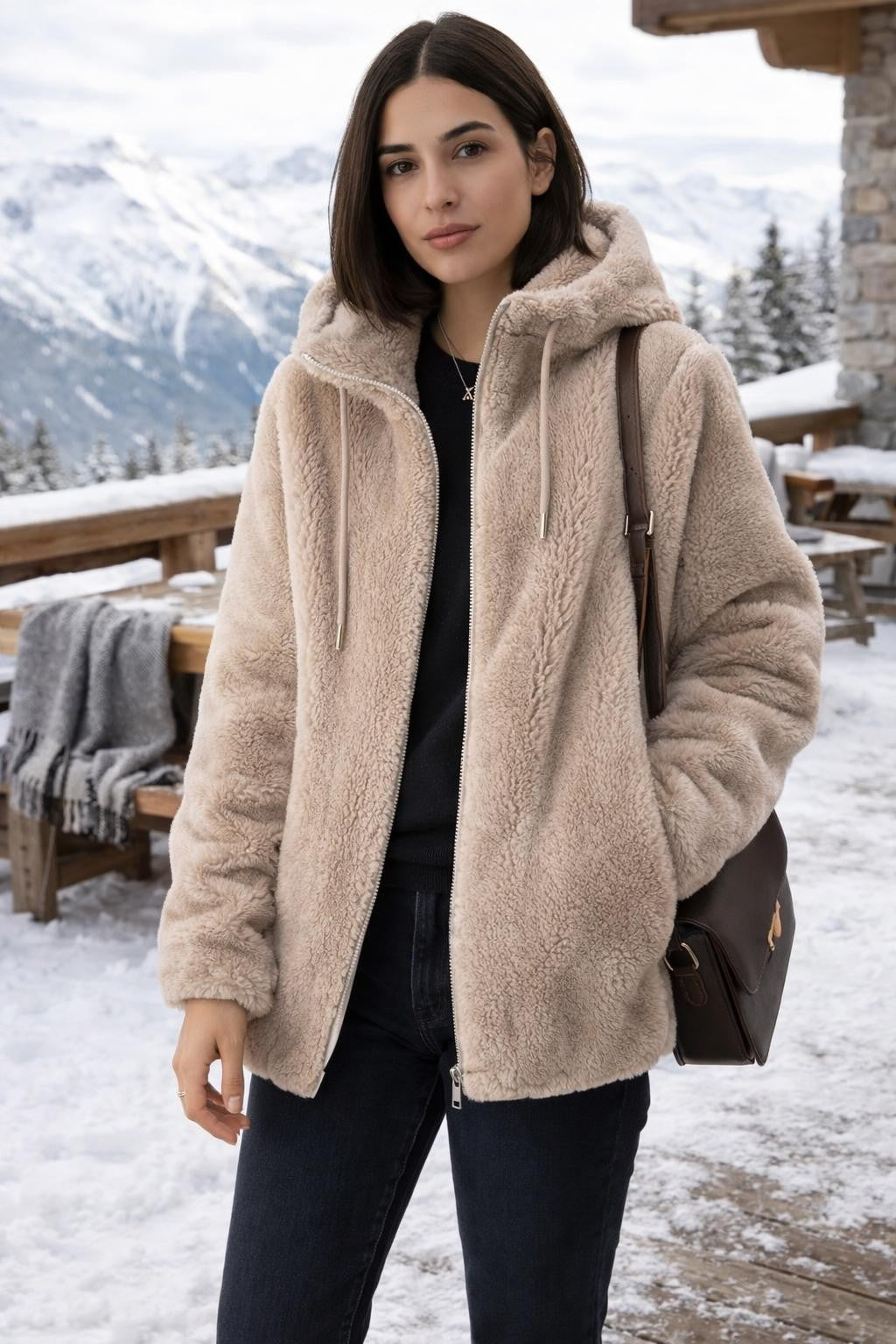 Plush Zip-Up Coat with Stand Collar - lifestyle 1
