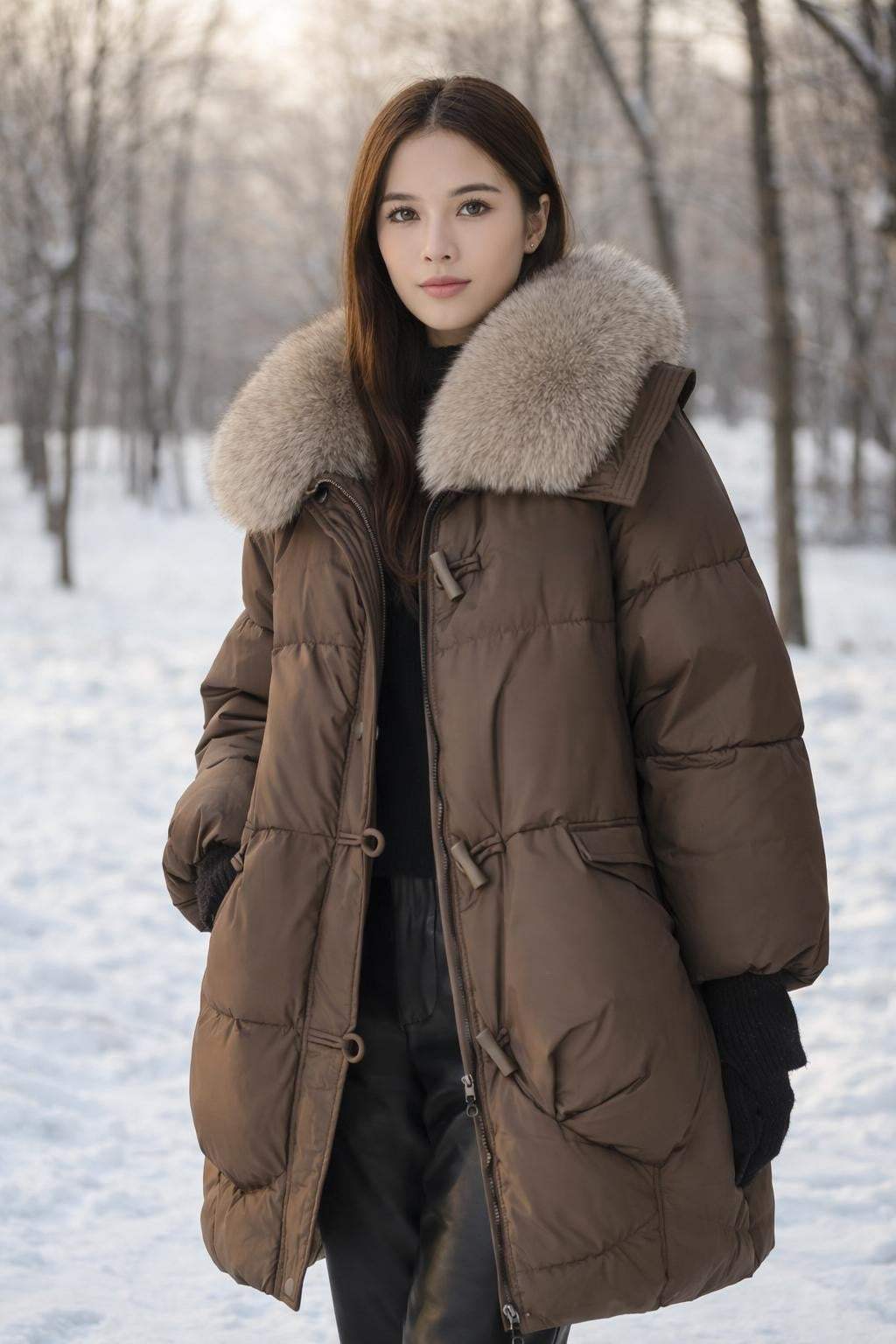 Brown Quilted Puffer Jacket with Detachable Hood - lifestyle 1