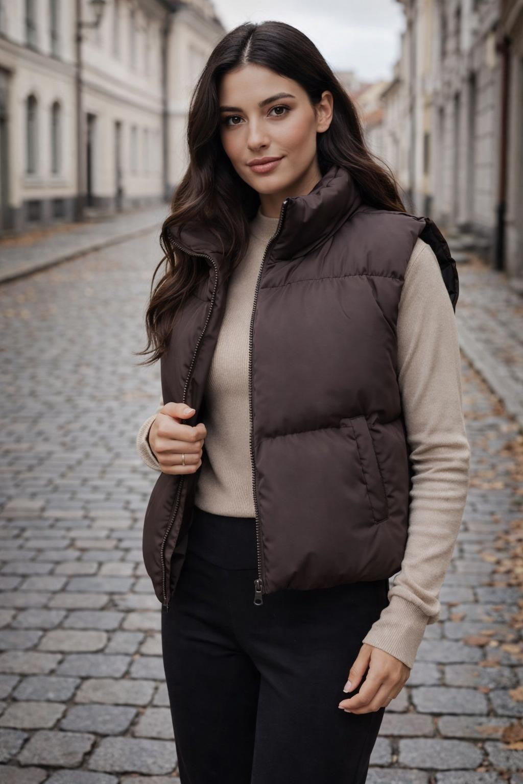 Brown Zip-Up Casual Vest - lifestyle 1