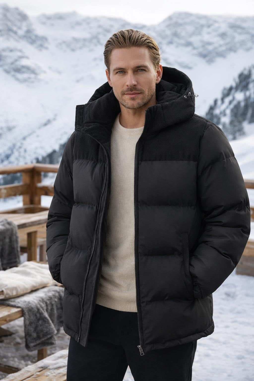 Colorblock Puffer Jacket with Removable Hood - lifestyle 1