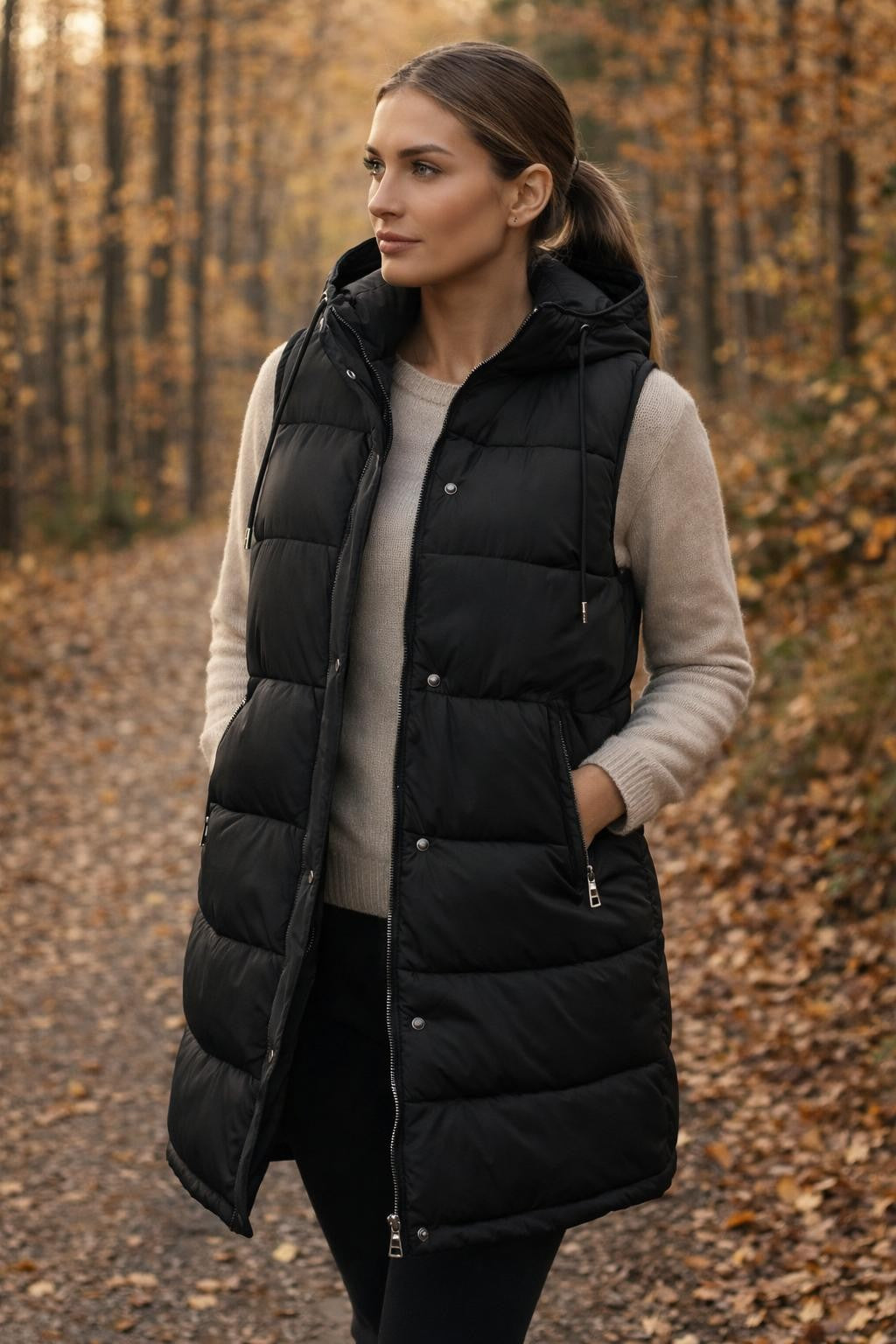 Padded Long Vest with Drawstring Waist - lifestyle 1