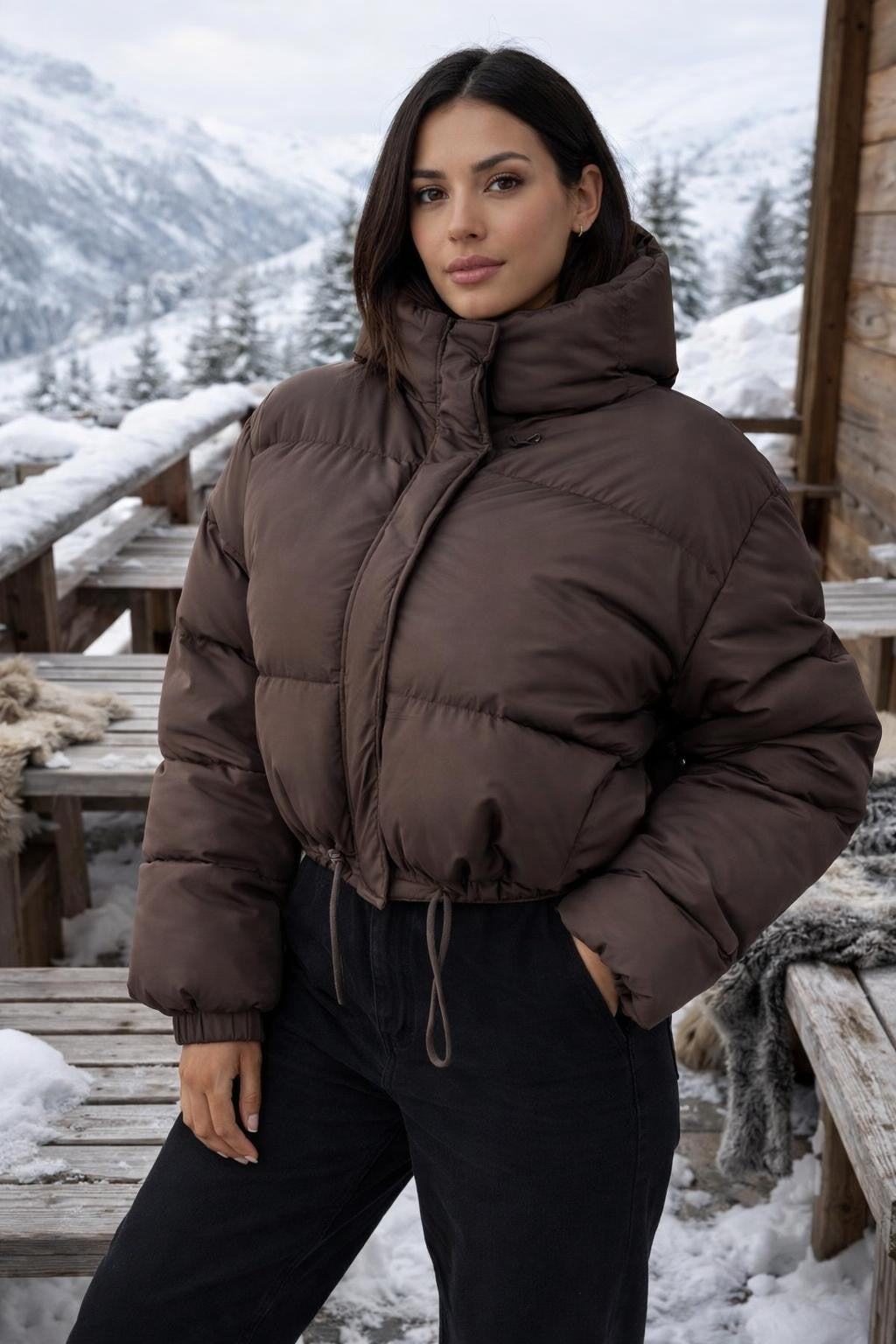 Brown Puffer Jacket with Sleek Design - lifestyle 1