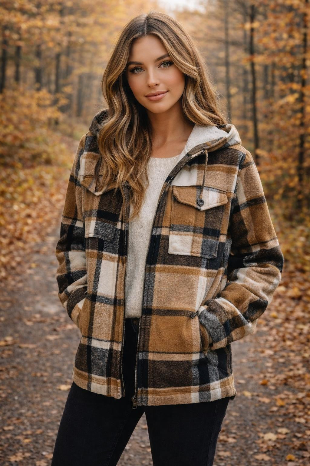 Checked Fleece-Lined Hooded Shirt Jacket - lifestyle 1