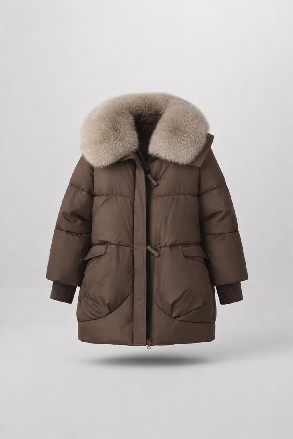 Brown Quilted Puffer Jacket with Detachable Hood - product